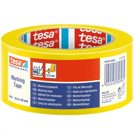 Tesa sárga padlójelölő szalag, tartós ipari használatra, 50 mm x 33 m figyelemfelkeltő padlójelöléshez