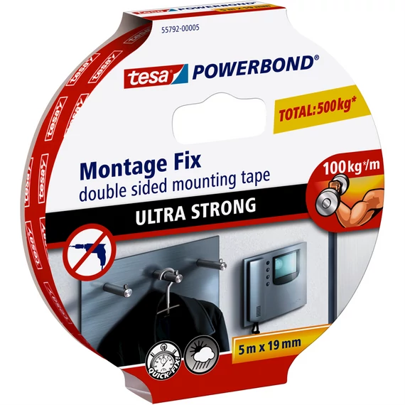 Tesa Powerbond ultra erős kétoldalas rögzítőszalag 19 mm × 5 m – rövid tekercs, stabil rögzítés fúrás nélkül
