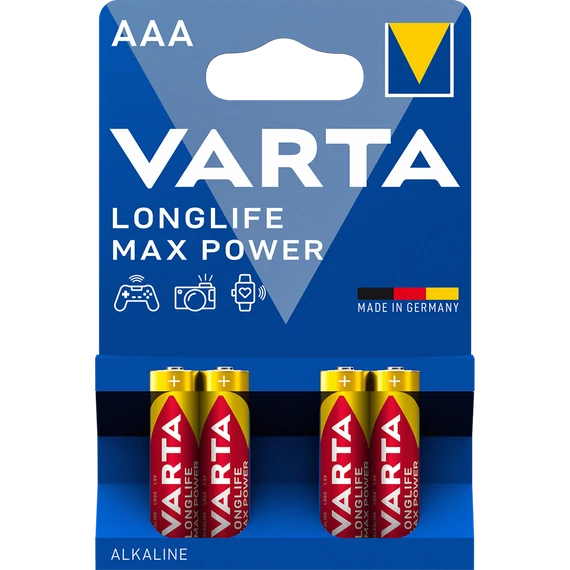 Varta Longlife Max Power AAA mikro ceruzaelem 4 darabos csomag - ideális kamerákhoz, játékvezérlőkhöz, vérnyomásmérőkhöz