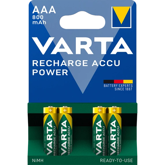 Varta AAA mikro tölthető akkumulátor 800 mAh kapacitással, 4 db-os csomagban, kis elektronikai eszközökhöz