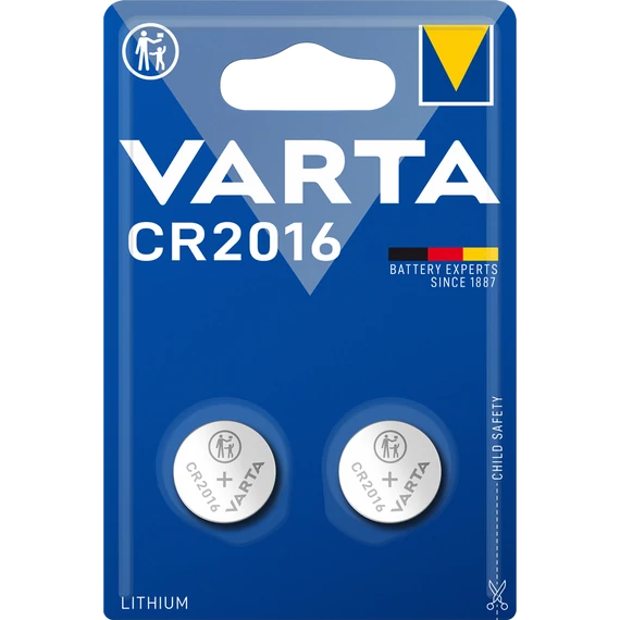 VARTA CR2016 lítium gombelemes csomag – 2 db/bliszter , távirányítók, vércukorszintmérők, riasztók stabil energiaellátása