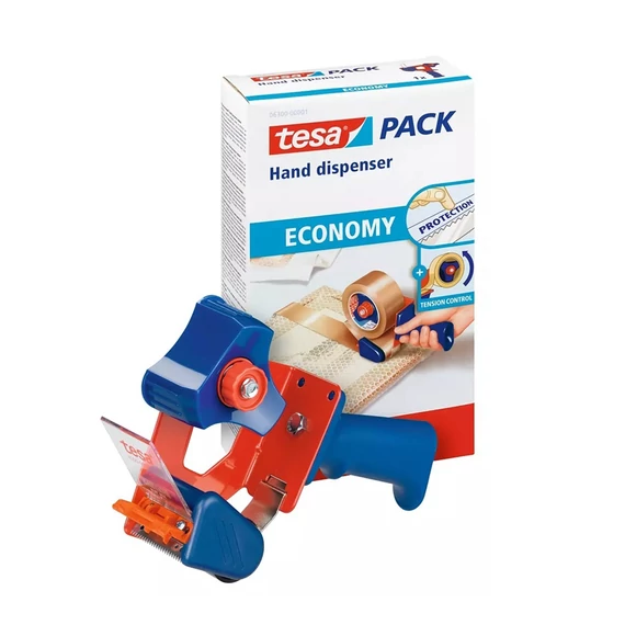 Tesa Economy kézi csomagzáró gép (06300) piros-fekete színben, csomagolószalaggal.
